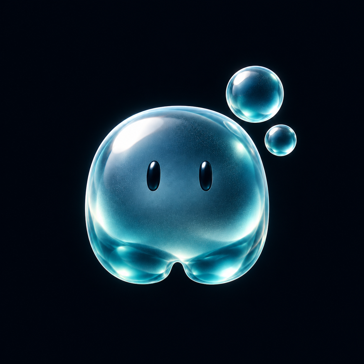 Original glossy Bupp bubble mascot with two eyes and satellite bubbles, without text